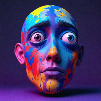 The primary subject of the image is a head with a blue and yellow face paint design. The head is the main object, scene, or focus of the image. The setting or background is a dark purple surface, which contrasts with the vibrant colors of the face paint. The visual style of the image is a combination of photo and digital art, as it appears to be a close-up of a face with a painted design. The colors and mood of the image are lively and energetic, with the blue and yellow face paint creating a striking contrast against the dark purple background.